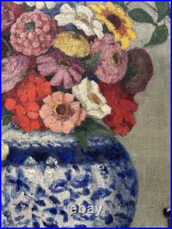 Antique Still Life Bouquet and Glove, Oil Painting on Canvas, Framed