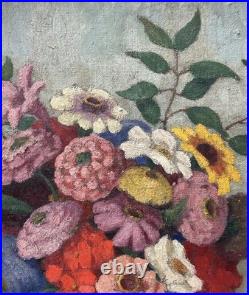 Antique Still Life Bouquet and Glove, Oil Painting on Canvas, Framed