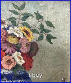 Antique Still Life Bouquet and Glove, Oil Painting on Canvas, Framed