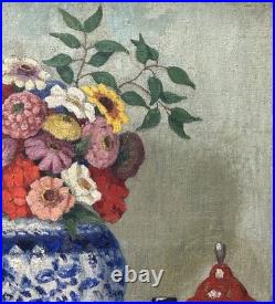 Antique Still Life Bouquet and Glove, Oil Painting on Canvas, Framed