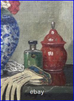 Antique Still Life Bouquet and Glove, Oil Painting on Canvas, Framed