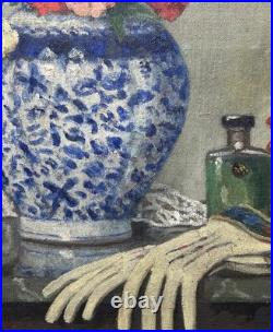 Antique Still Life Bouquet and Glove, Oil Painting on Canvas, Framed