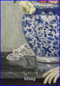 Antique Still Life Bouquet and Glove, Oil Painting on Canvas, Framed