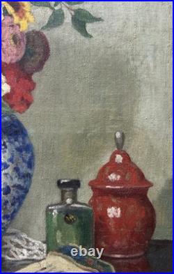 Antique Still Life Bouquet and Glove, Oil Painting on Canvas, Framed