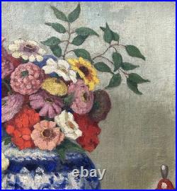 Antique Still Life Bouquet and Glove, Oil Painting on Canvas, Framed