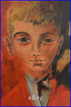 Antonio Guansé Beau tableau ancien Portrait de garçon au pull Rouge signé hst