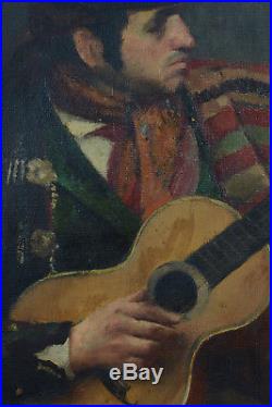 BEAU TABLEAU Ancien Portrait d'homme à la Guitare Flamenco Seville dlg Dyf 1900