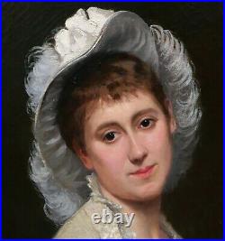 Baron DESLANDES tableau Salon 1880 huile toile portrait jeune femme robe blanche