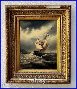 Bateau dans la tempête Huile sur toile du XIXème. Signée. 32.5X24.5 cm