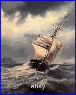 Bateau dans la tempête Huile sur toile du XIXème. Signée. 32.5X24.5 cm