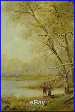 BeauTableau Ancien Couple au bord d'un lac Barbizon Forêt Jules Pascal 19e