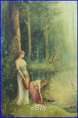 Beau Tableau ancien Portrait Femme Paysage arboré bord rivière Forêt art nouveau