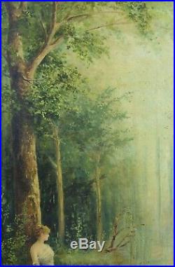 Beau Tableau ancien Portrait Femme Paysage arboré bord rivière Forêt art nouveau