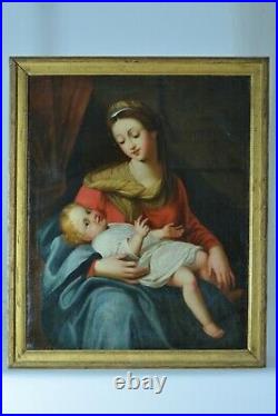 Beau Tableau ancien Portrait Vierge à l'enfant Maternité Italie Raphael 18 ème