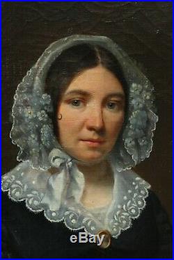 Beau portrait femme 1842, Ecole romantique, dentelle, coiffe, camée, collier, bijou