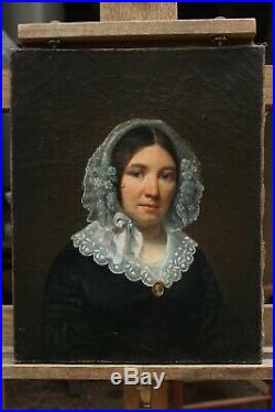 Beau portrait femme 1842, Ecole romantique, dentelle, coiffe, camée, collier, bijou