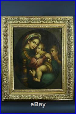 Beau tableau Religieux ancien RAPHAEL Vierge à l'enfant st Jean Baptiste hst