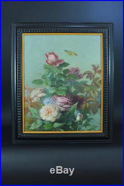 Beau tableau ancien Libellule Roses Fleurs Nature morte hst J. Médard Lyon 19é