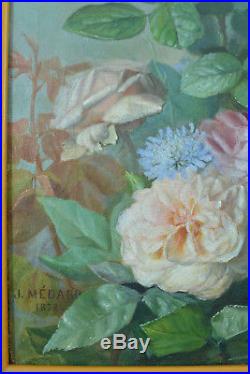 Beau tableau ancien Libellule Roses Fleurs Nature morte hst J. Médard Lyon 19é