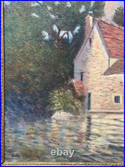 Beautiful Antique Original Landscape with House, Oil Canvas Painting, Framed