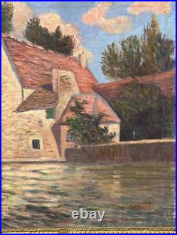 Beautiful Antique Original Landscape with House, Oil Canvas Painting, Framed