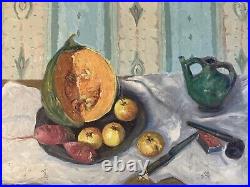 Belle Peinture Huile Sur Toile 1960 nature morte poire fruit Melon Pomme Pipe