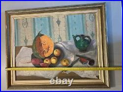 Belle Peinture Huile Sur Toile 1960 nature morte poire fruit Melon Pomme Pipe