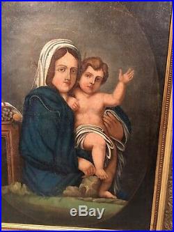 Belle huile toile tableau VIERGE A L'ENFANT XVIIIe 70X55cm VENDUE SANS CADRE