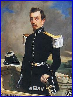 Belle peinture portrait Homme militaire gendarme en uniforme 19eme siècle