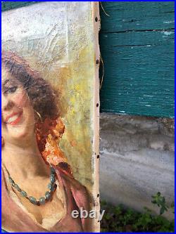Bohémienne Huile sur Toile Antique Gypsy Painting Espagnole HST Portrait