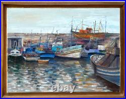 Bretagne, bateaux de pêche amarrés dans le port. HST signée Guy CLARET. 46x61 cm
