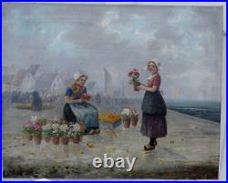 CHARMANT IMPRESSIONNISTE XIXe. JEUNES HOLLANDAISES MARCHANDES DE FLEURS. SIGNÉ CHARMANT IMPRESSIONNISTE XIXe. JEUNES HOLLANDAISES MARCHANDES DE FLEURS. SIGNÉ