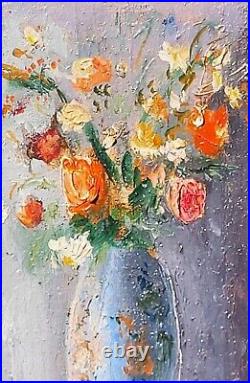 CLAUDE LAZ. Bouquet de Fleurs dans un Vase Peinture huile sur toile