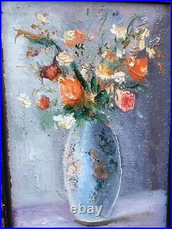 CLAUDE LAZ. Bouquet de Fleurs dans un Vase Peinture huile sur toile