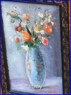 CLAUDE LAZ. Bouquet de Fleurs dans un Vase Peinture huile sur toile