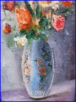 CLAUDE LAZ. Bouquet de Fleurs dans un Vase Peinture huile sur toile