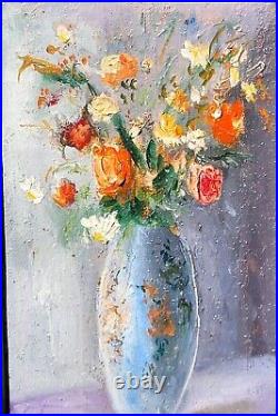 CLAUDE LAZ. Bouquet de Fleurs dans un Vase Peinture huile sur toile