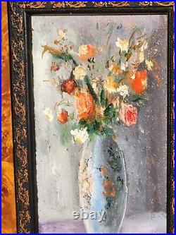 CLAUDE LAZ. Bouquet de Fleurs dans un Vase Peinture huile sur toile