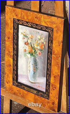 CLAUDE LAZ. Bouquet de Fleurs dans un Vase Peinture huile sur toile