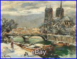 Charles Blondin Peinture Hst Uvre Originale Paris Scène De Neige Notre Dame