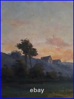 Charles RABY huile paysage au crépuscule 19ème cadre Barbizon bois stuc doré