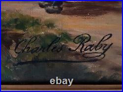 Charles RABY huile paysage au crépuscule 19ème cadre Barbizon bois stuc doré