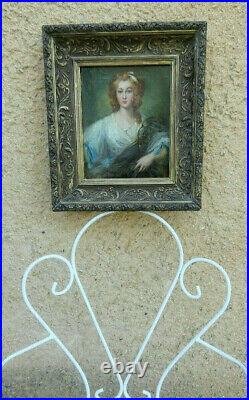Charmant Tableau Bourgeois 1820. Portrait D'une Jeune Femme Aux Nuds Bleus