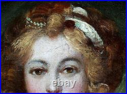 Charmant Tableau Bourgeois 1820. Portrait D'une Jeune Femme Aux Nuds Bleus