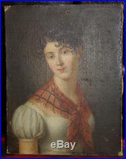 Délicat portrait jeune femme XIX / Tableau peinture Painting