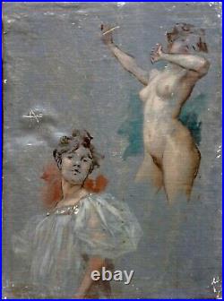 Deux Etudes de Femme, Huile sur toile, attr. Jules Chéret, vers 1900
