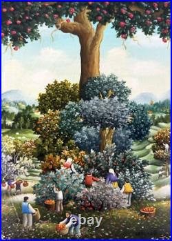 Dragan Mihailovic La Cueillette 1991 Huile Sur Toile Originale 1 F Art Naïf Rare