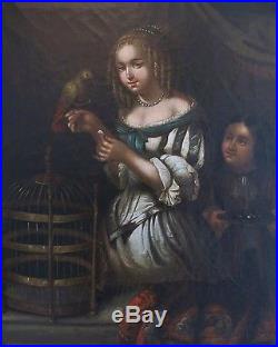 ECOLE FLAMANDE du XIXè. Jeune Fille au Perroquet. Caspard NETSCHER (1639-1684)