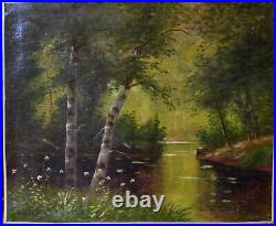 E. Silva, La rivière dans la forêt, huile sur toile, style Barbizon, XIXe