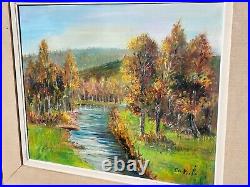 E. VIALA. Paysage Bord de Rivière Sous Bois Peinture huile Sur toile signé